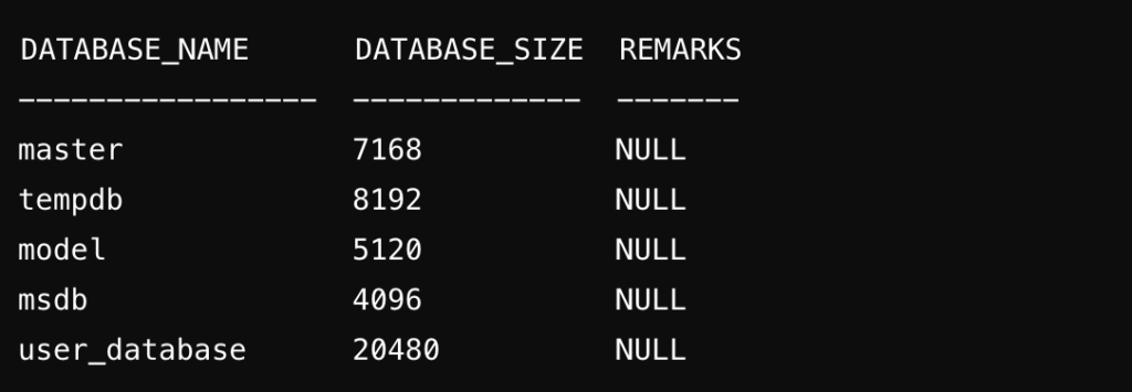 List tables using the sp_databases Stored Procedure